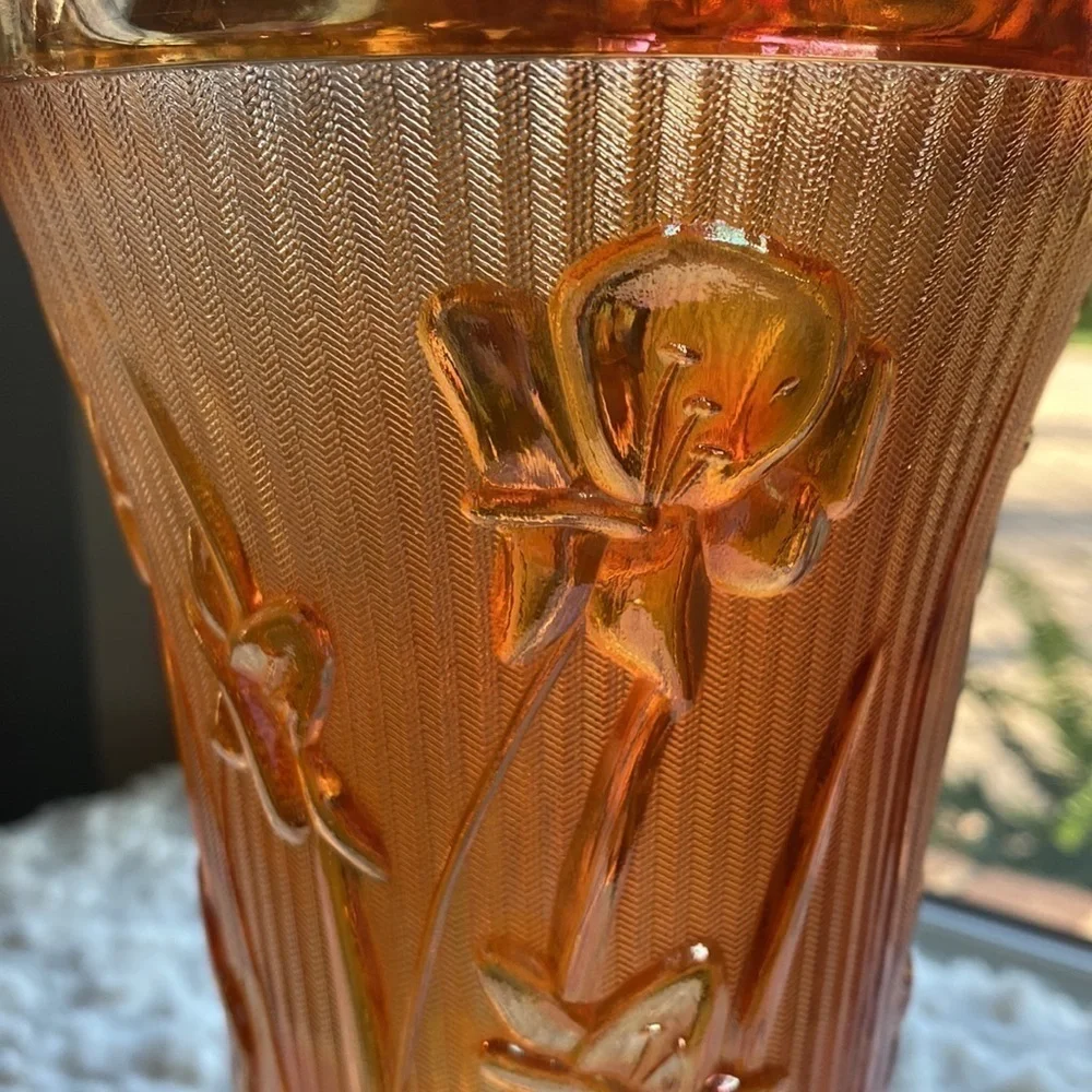 GORGEOUS~’JEANETTE MARIGOLD’ ~CARNIVAL GLASS VASE~ART DECO RIBBING~1930’s~G21**